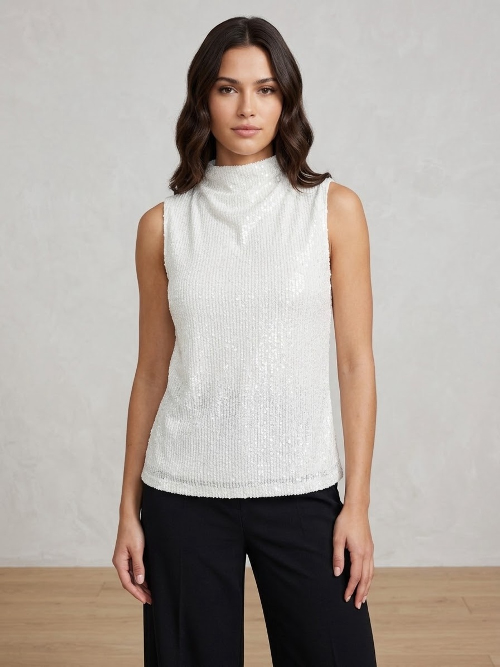 Cable & Gauge White Sequin Mock Neck Sleeveless Top